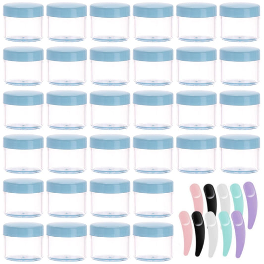 Refillable Cosmetic Sample Jars - 100 Pack 20g (0.7oz) Blue Small Travel Containers with Lids + 10 Mini Makeup Spatulas - BPA Free-Velvo Beauty