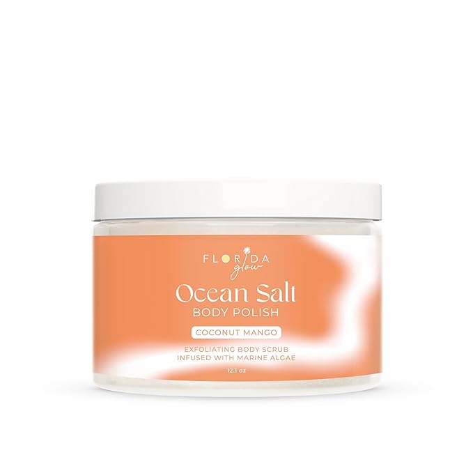 Sea Salt Body Scrub by Florida Suncare - Ocean Salt Body Polish Infused with Marine Algae - Exfoliating Face and Body Scrub - Facial Scrub Exfoliator to Tackle Acne (Coconut Mango, 12.1 oz)-Velvo Beauty