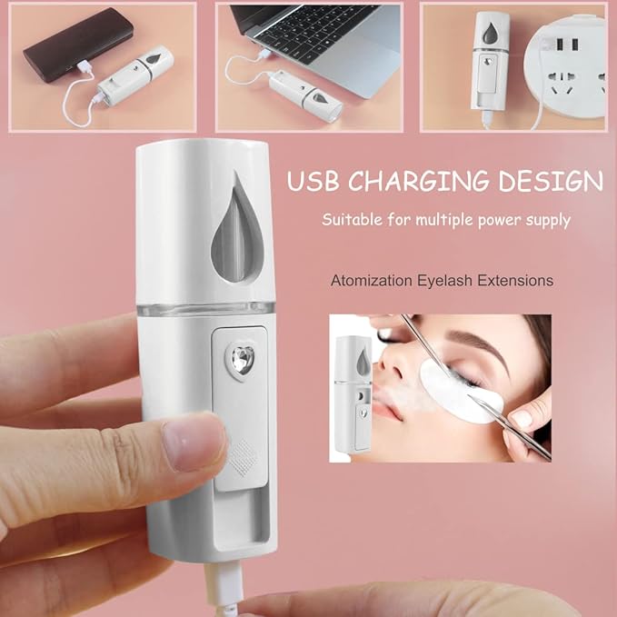 Nano Facial Mister Portable Mist Sprayer with Mirror Mini Cool Mist Spray for Skin Care & Facial Body Moisturized & Eyelash Extensions, USB Rechargeable (White)-Velvo Beauty