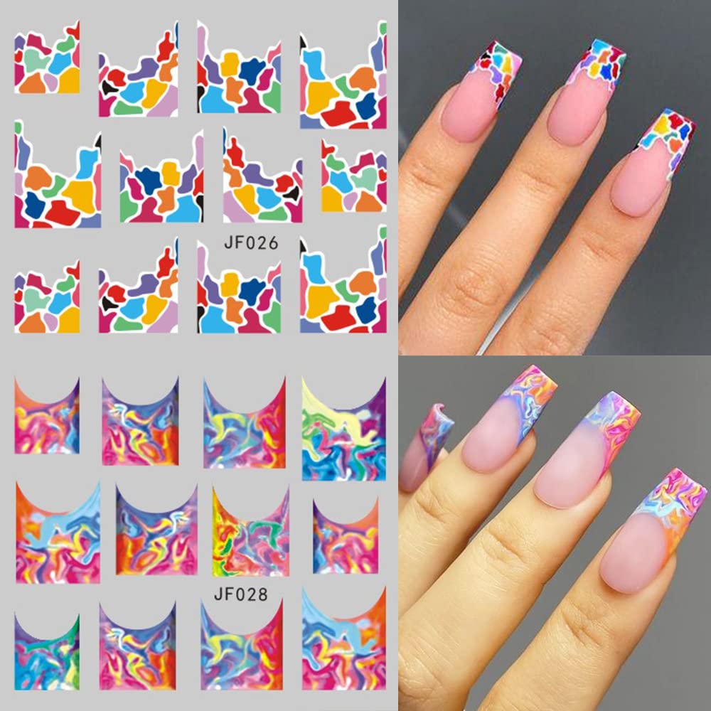 12 Sheets Colorful Stripes Nail Art Stickers Geometric Rainbow Wave Design Water Transfer Nail Decals for Nails Art Abstract French Pattern Acrylic Slider Nail Foils for Women Manicure Nail Decor-Velvo Beauty