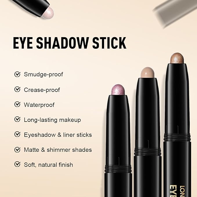 Black Shimmer Eyeshadow Stick, Waterproof Cream Eye Shadow Pencil Long-Lasting Crease-Proof Glitter Eyeshadow Crayon Smooth High Pigmented Highlighter Blendable Neutral Eye Shadow Liner Makeup-Velvo Beauty