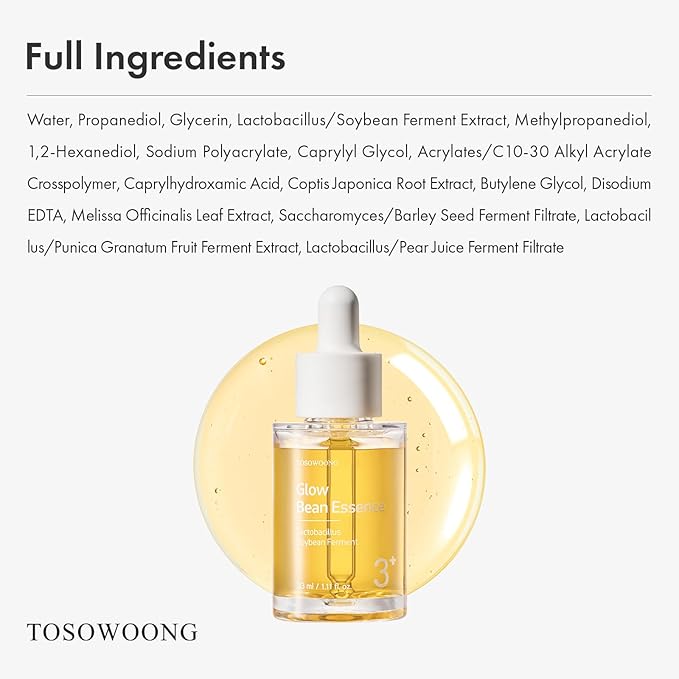 Glow Bean Essence, 31,025ppm Soybean Ferment Extract, Glass Skin, Exfoliating, Hydrating, Radiant, Moisturizer, Barrier, Face Serum, Korean Skin Care, 33ml / 1.11 fl. oz.-Velvo Beauty