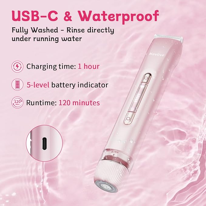 Bikini Trimmer for Women, 2-in-1 Electric Lady Shaver for Bikini Line & Sensitive Areas – IPX7 Waterproof Wet & Dry Razor for Underarms, Legs, Arms, Body & Face, USB-C Rechargeable, Pink-Velvo Beauty