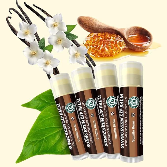 SPF Lip Balm 4-Pack by Earth's Daughter - Lip Sunscreen, SPF 15, Organic Ingredients, Vanilla Flavor, Beeswax, Coconut Oil, Vitamin E - Hypoallergenic, Paraben Free, Gluten Free-Velvo Beauty