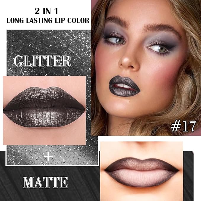 evpct Black Metallic Glitter Lip Liner and Lipstick Combo Lip Gloss Stain Set Makeup for Women Long Lasting Waterproof 24, Goth Gothic Halloween Metallic Shimmer Frosted Iridescent Liquid Lipstick 17-Velvo Beauty