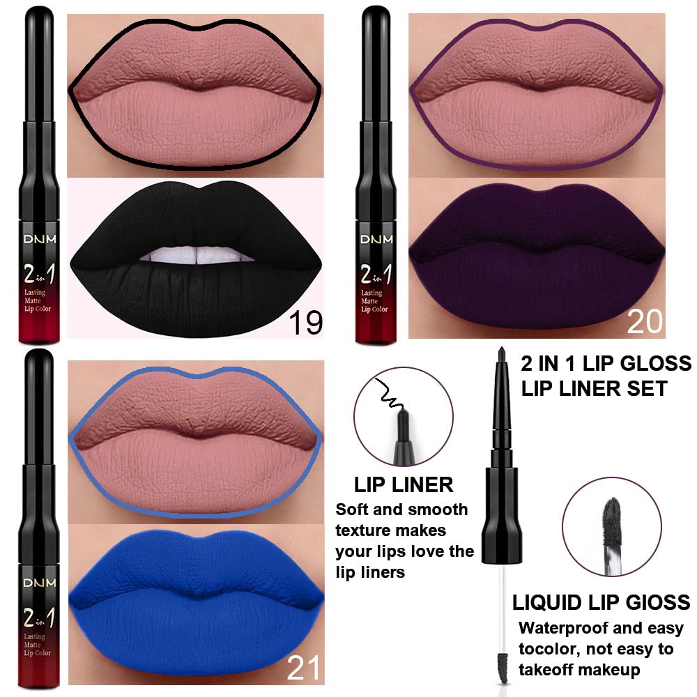 evpct 3Pcs Dark Black Purple Royal Blue Matte Lip Liner and Liquid Lipstick Lip Stain Makeup Set Smudge Proof, 24 Hours Original Long Lasting Matte Lipstick Waterproof labial mate larga duracion 24-Velvo Beauty