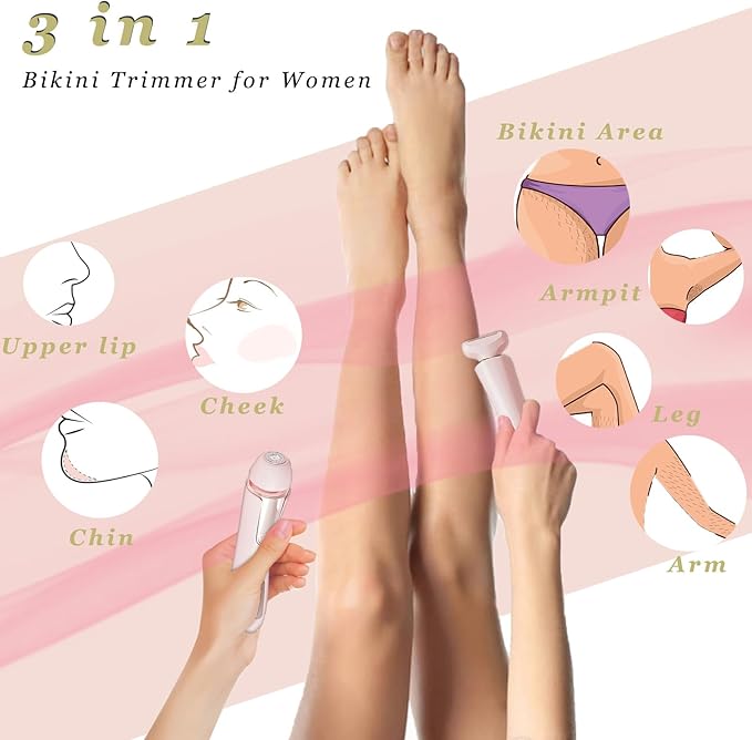 Bikini Trimmer for Women 3 in 1 Body Shaver | No Nick Replaceable Dual Heads | Rechargeable Electric Razors for Pubic Hair with LCD Display | Women's Bikini Area, Face, Legs & Underarms Trimmer-Velvo Beauty