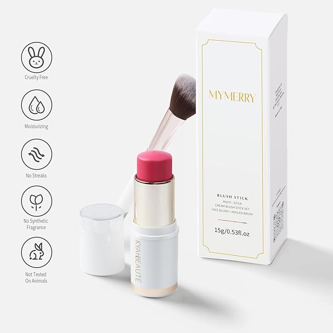 Blush Stick, Cream Blush for Cheeks and Lip Tint, Dewy Finish, Buildable & Blendable Color, Lightweight & Long-Lasting Formula | Forelsket-Cool Pink & Angled Blush Brush(0.53fl.oz)-Velvo Beauty