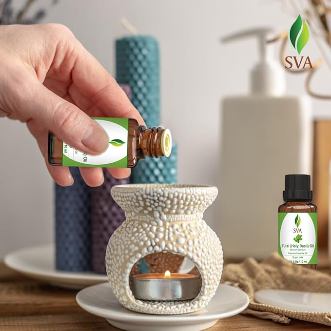 SVA Holy Tulsi Essential Oil – 1/3 Fl Oz – 100% Natural Tulsi Oil - for Diffuser, Hair Care, Face, Skin Care, Aromatherapy, Scalp and Body Massage, Soap and Candle Making-Velvo Beauty