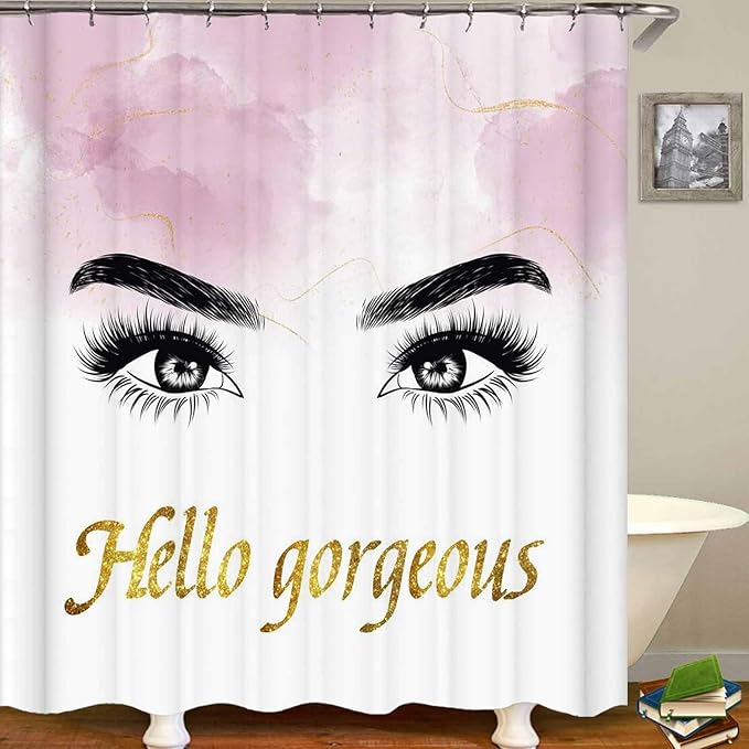 4PCS Hello Gorgeous Eyelash Shower Curtain Set, Gold Glitter Quotes Black Eyebrow Makeup Pink Marble Glam Modern Fashion Girly Women Bathroom Decor, Non-slip Bath Mat Toilet Rug, Charming Eyes-Velvo Beauty