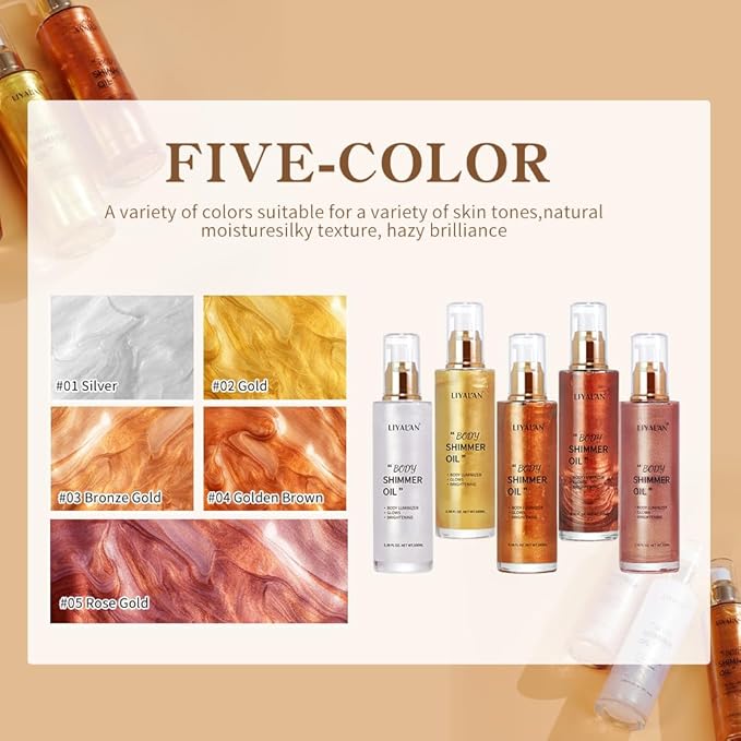 Liyalan Shimmer Body Oil Golden Brown 5 Color Bronze Face Glow Pearl Highlighter Illuminator Body Makeup Shine Glitter Gold Liquid Taning 3.38 Fl Oz-Velvo Beauty