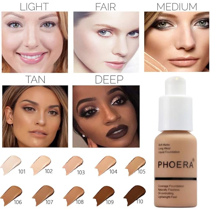 PHOERA Foundation Makeup Naturally Liquid Foundation Full Coverage Mattle Oil-Control Concealer 8 Colors Optional,Great Choice For Gift (#106 Warm Sun,30ml)-Velvo Beauty