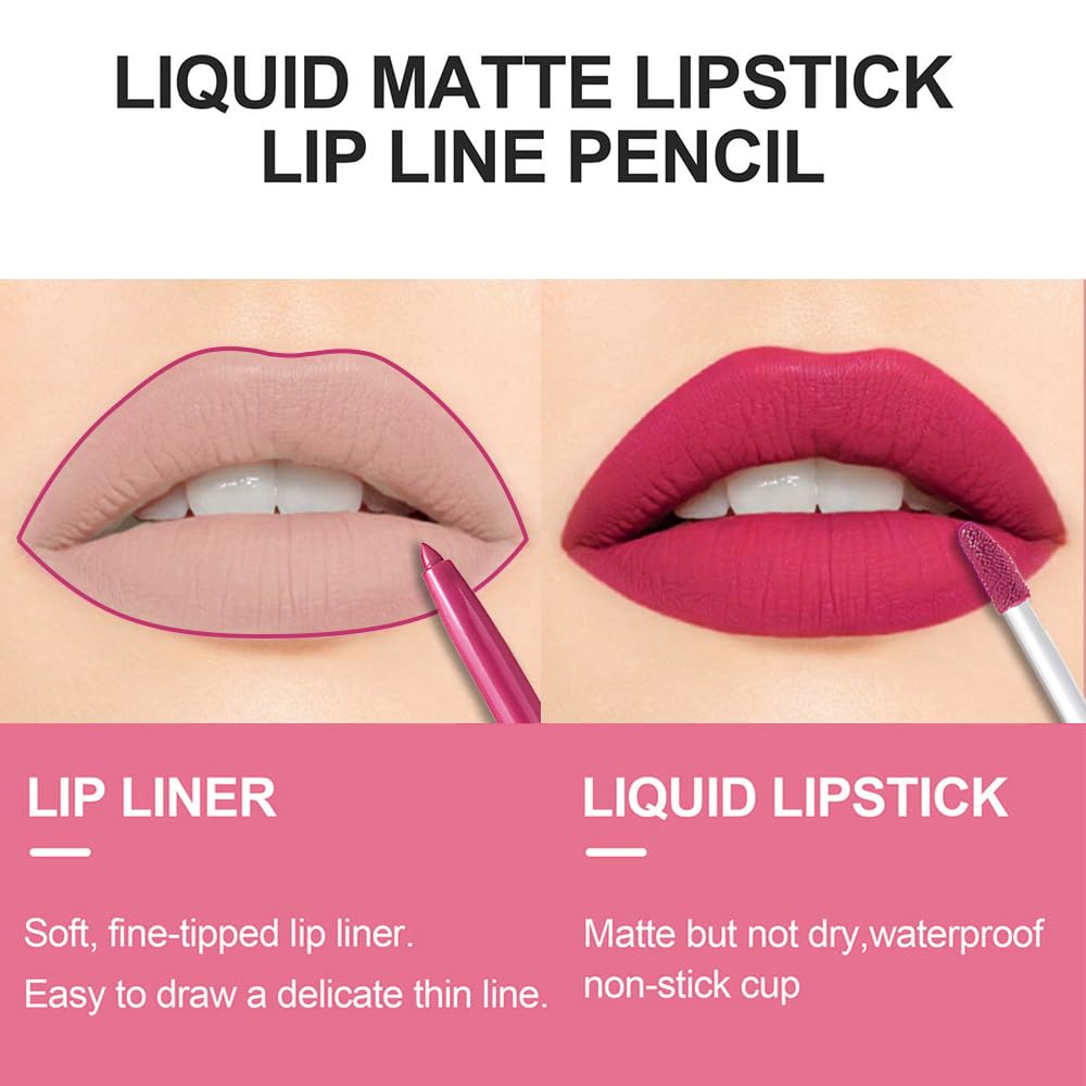 evpct 2Pcs Rose Red Matte Lip Liner and Lipstick Lip Gloss Pencils Makeup Set Kit for Women Long Lasting Waterproof-Velvo Beauty