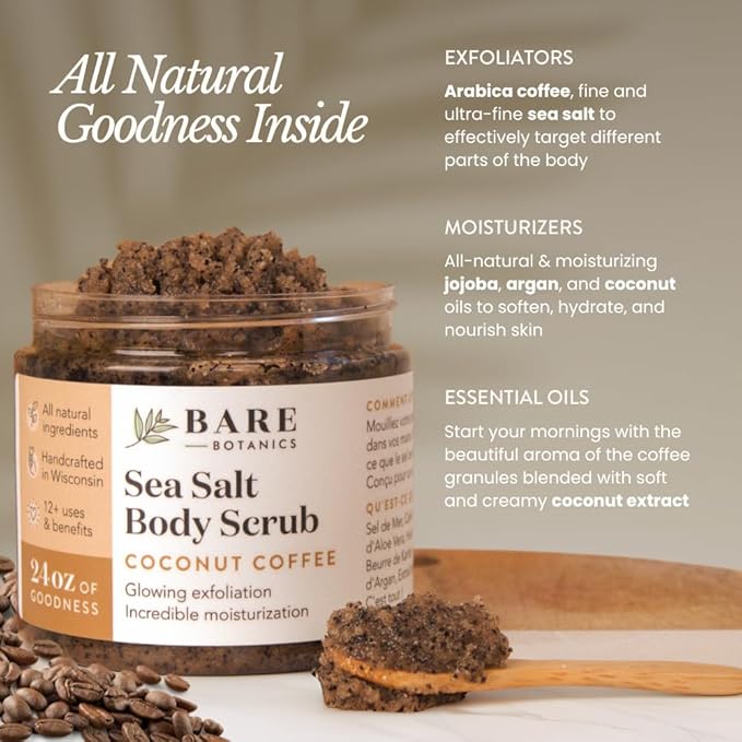Bare Botanics Coconut Coffee Body Scrub 24oz | Made in Madison, WI | All Natural Sea Salt Exfoliator w/ Skin Loving Moisturizers | Vegan & Cruelty Free | Gift Ready Packaging w/ a Cute Wooden Spoon-Velvo Beauty