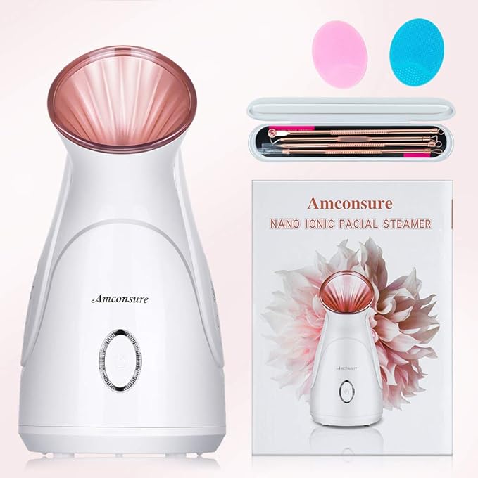 Facial Steamer, Amconsure Nano Ionic Face Steamer for Home, 100ML Warm Mist Humidifier for Women Moisturizing, Unclogs Pores-Bonus Stainless Steel Skin Kit and 2 Face Scrubbers-Velvo Beauty