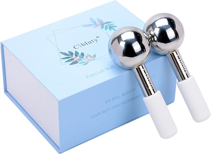 Facial Ice Roller by CIBLUTY- 2PC Stainless Steel Face Globes for Cold or Hot Skin Massagers Durable Unbreakable Globes with White Silicone Handle for Face and Body Fitness-Velvo Beauty