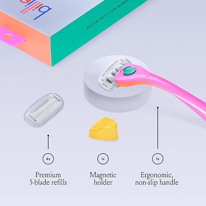 Billie Razors for Women Shave Kit – Women’s Razor + 4 x 5-Blade Razor Refills + Magnetic Holder – Malibu-Velvo Beauty