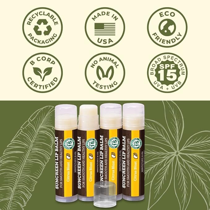SPF Lip Balm 4-Pack by Earth's Daughter - Lip Sunscreen, SPF 15, Organic Ingredients, Citrus Flavor, Beeswax, Coconut Oil, Vitamin E - Hypoallergenic, Paraben Free, Gluten Free-Velvo Beauty