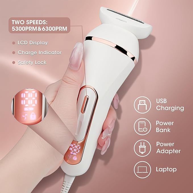 Electric Shavers for Women, 4 in 1 Hair Removal Kit with Epilator Bikini Trimmer Face Razor Body Brush Face Massager Foot Callus Remover, IPX7 Waterproof Lady Razors Set for Legs Armpit Bikini Pubic-Velvo Beauty