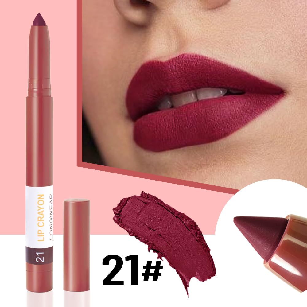 BINGBRUSH Lip Crayons Matte Longwear Lipstick Pack Set,Moisture Smooth Lipliner With Built-in Sharpener Ultimate Super Stay Ink Lip Crayon for Makeup-Waterproof Velvet Lipgloss Lip Stain(21#Dark Red)-Velvo Beauty