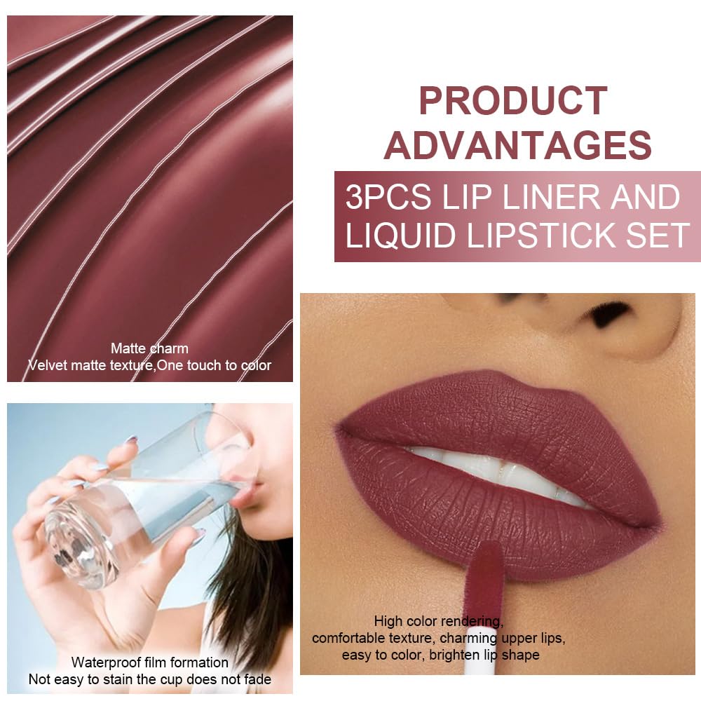 evpct 3Pcs Dark Red Nuetral Mauve Red Brown Matte Lip Liner Liquid Lipstick Stain Makeup Set for Women, Lip Liner Stain Long Lasting Waterproof Smudge Proof, Cruelty Free Lip Makeup 24 hours originale-Velvo Beauty