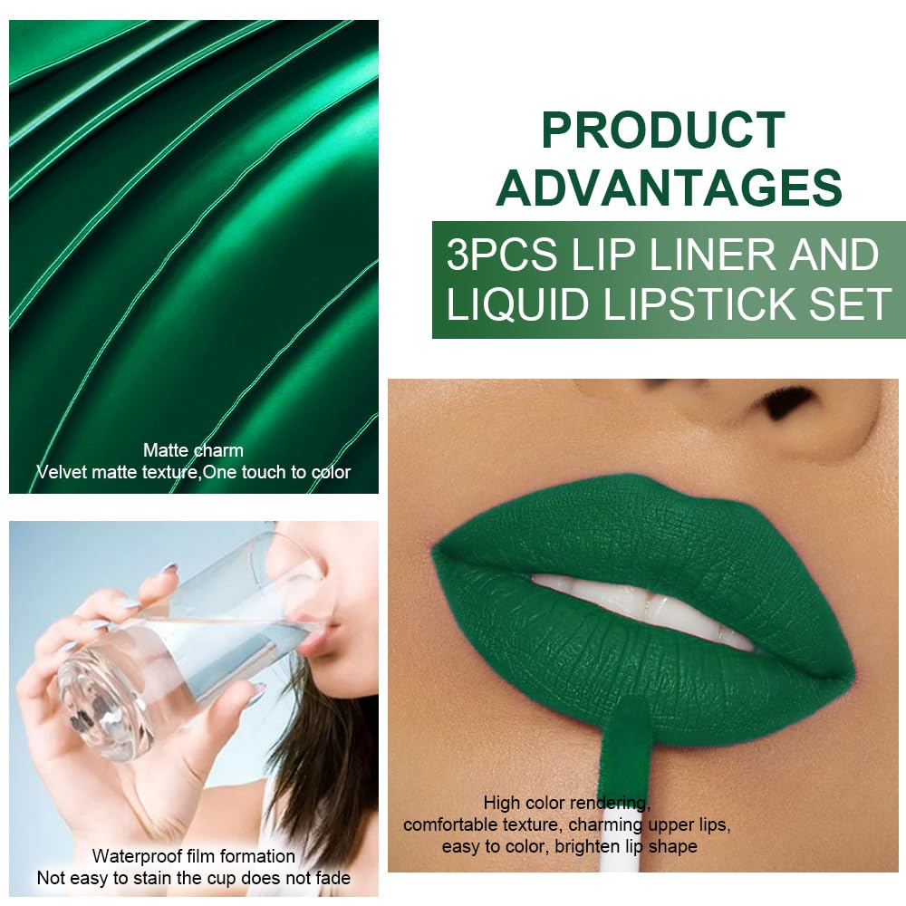 evpct 3Pcs Green Matte Shimmer Lip Liner & Liquid Lipsticks Stain Makeup Set for Women, Green Lip Liner Stain Long Lasting Waterproof Smudge Proof, Cruelty Free Lip Sticks Makeup 24 hours originales-Velvo Beauty