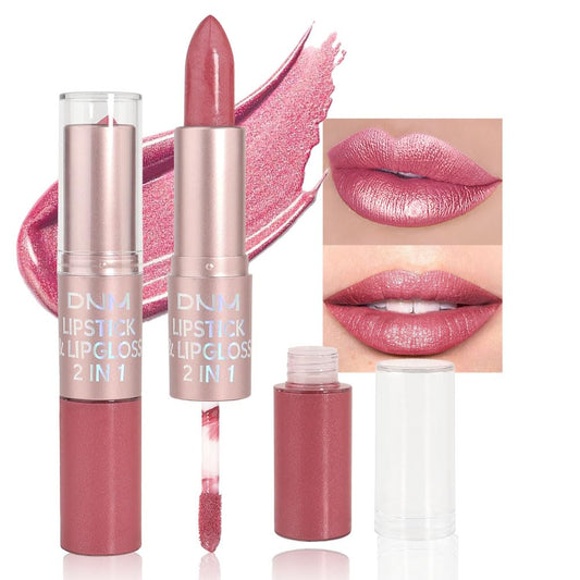 evpct 2 in 1 Natural Nude Pink Glitter Metallic Shimmer Diamond Lipstick and Lip Gloss Set for Women Long Lasting Waterproof, Warm Rose Pink Sparkle Glitter Shiny Lipstick and Lip Liner Makeup Set, 05-Velvo Beauty
