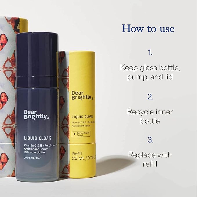 Vitamin C Serum Refill with Ferulic Acid and Vitamin E for Glowing Radiant Skin by Dear Brightly, Face Brightening, Facial Serum for Sensitive Skin, Refillable Glass Bottle, 0.7 fl oz-Velvo Beauty