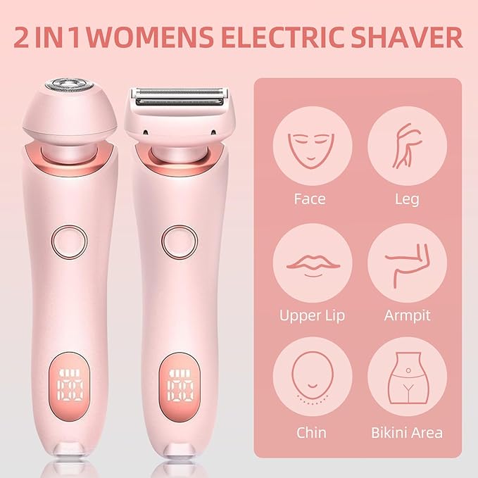 Womens Electric Shaver, 2 in 1 Razor for Women, Wet & Dry Electric Waterproof Razor with LED Display, Cordless Bikini Trimmer for Sensitive Skin, Painless Hair Removal-Velvo Beauty