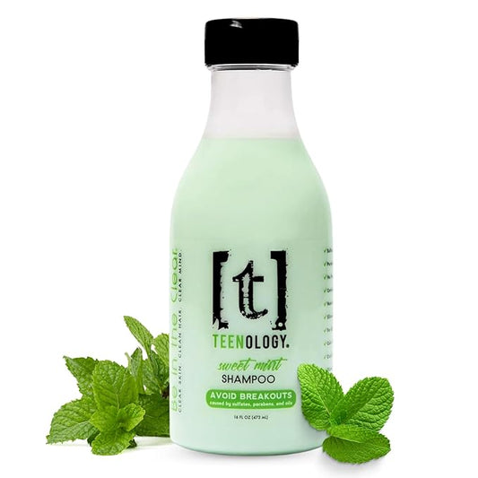 Teenology Shampoo for Teens - Avoid Forehead and Body Acne - No Sulfates or Parabens, Noncomedogenic, Natural Botanical Extracts, 16 oz. (Sweet Mint)-Velvo Beauty