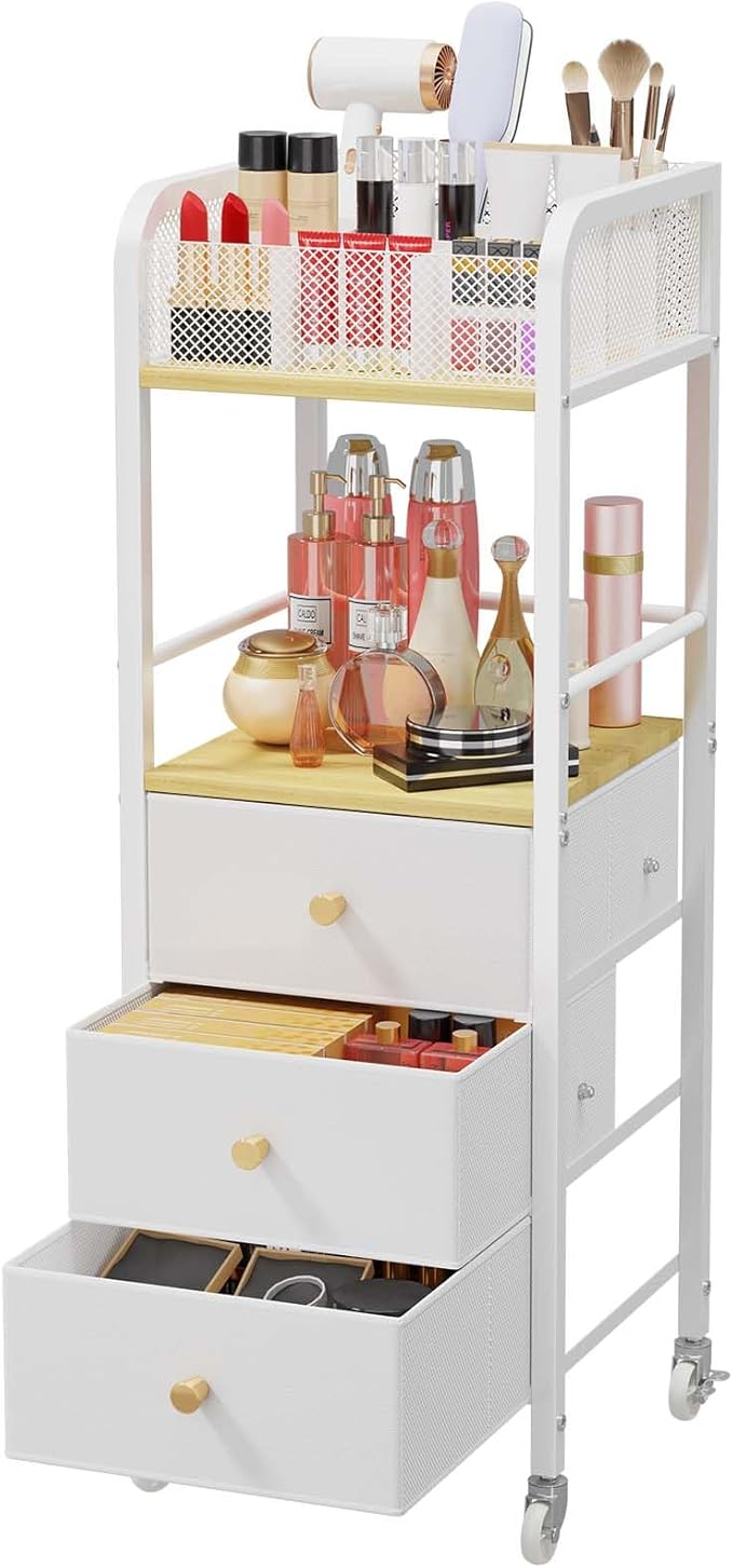 HapiRm Rolling Makeup Cart Organizer - Floor Skincare Make Up Storage with 3 Drawers, Vanity Organizer Cosmetic Display Cases Holder for Skin Care Perfume Nail Polish Brush Hair Tool-Velvo Beauty