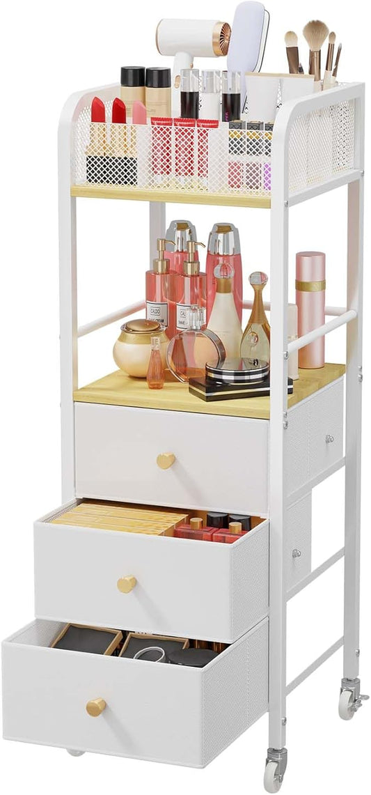 HapiRm Rolling Makeup Cart Organizer - Floor Skincare Make Up Storage with 3 Drawers, Vanity Organizer Cosmetic Display Cases Holder for Skin Care Perfume Nail Polish Brush Hair Tool-Velvo Beauty