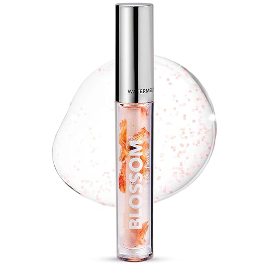 Blossom Moisturizing and Hydrating Shimmer Sparkle Lip Oil with Olive Oil + Grape Seed Oil, Infused with Real Flowers, 3g, Watermelon-Velvo Beauty