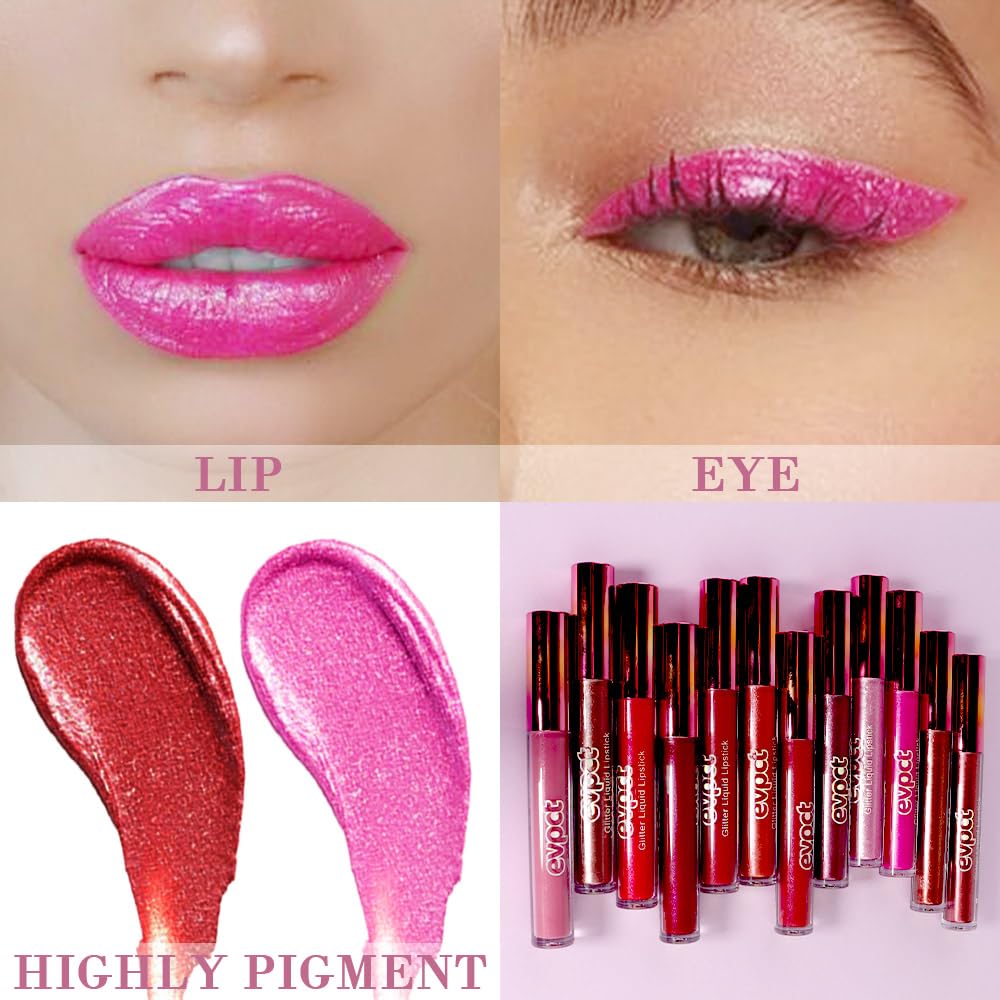 evpct 2Pcs Ruby Red Rose Pink Matte to Glitter Liquid Lipstick Set Kit for Women Long Lasting Glossy Metallic Shimmer Sparkle Lipstick Lip Gloss 3+11-Velvo Beauty