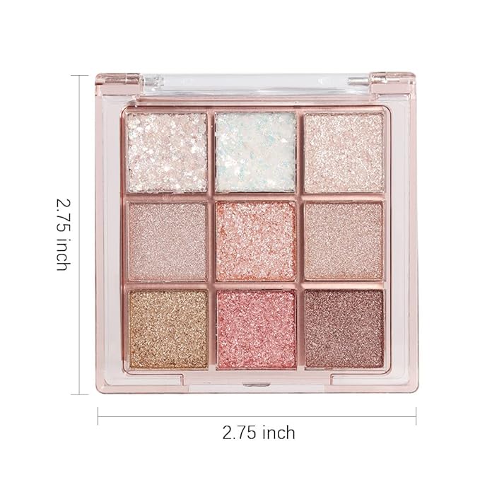 9 Colors Glitter Eyeshadow Palette Naturing-Looking Women Girls Eye Shadow,Pink White Gold Glitter Shimmer Sparkly Eye Shadow Palette Makeup,Warm Pastel Eyeshadows Palette Long Lasting Waterproof-Velvo Beauty