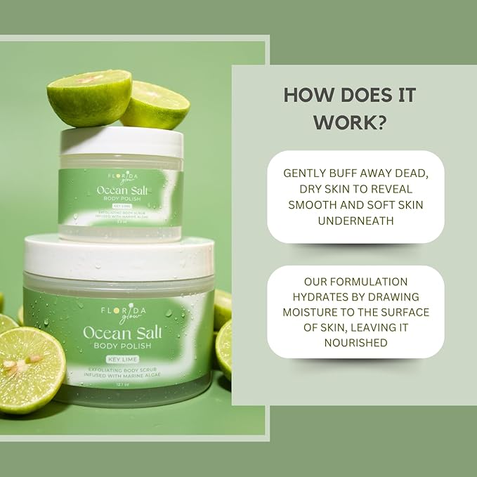 Sea Salt Body Scrub by Florida Suncare - Ocean Salt Body Polish Infused with Marine Algae - Exfoliating Face and Body Scrub - Facial Scrub Exfoliator to Tackle Acne (Key Lime, 3.3 oz)-Velvo Beauty