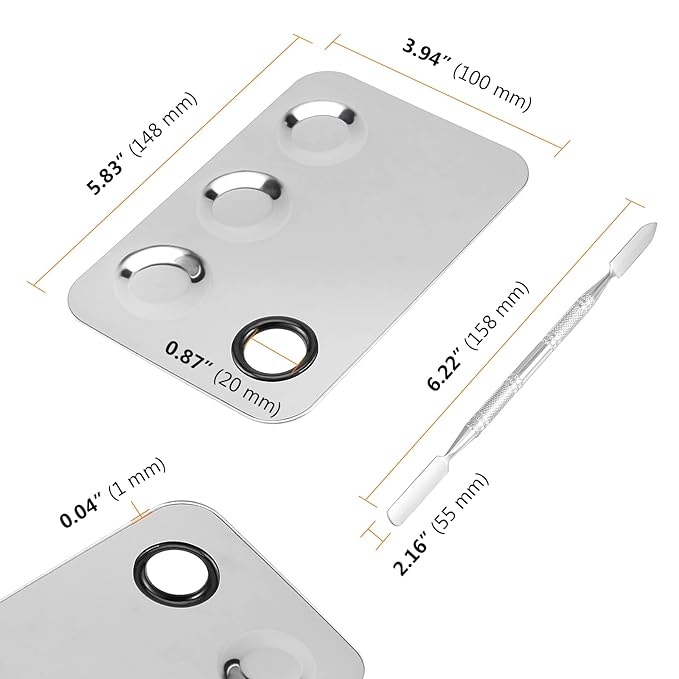 6 Pack 6 x 4 Inch Stainless Steel Cosmetic Palette with Spatula, 3-well Mixing Makeup Palette Nail-art Mixer Metal Tray for Foundation, Pigment, Nail Polish Blending, Silver-Velvo Beauty