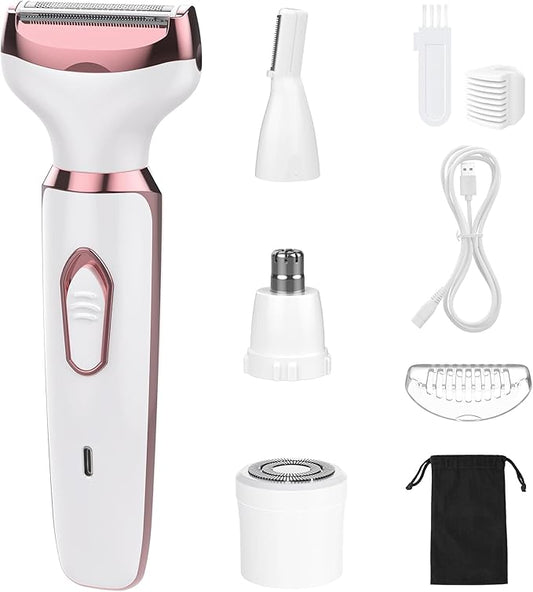 Electric Razors for Women, 4 in 1 Electric Women Shaver, Hair Removal Epilators for Leg Face Arm Bikini Armpit Pubic Hair, Cordless Rechargeable Portable Women's Bikini Trimmers, White-Velvo Beauty
