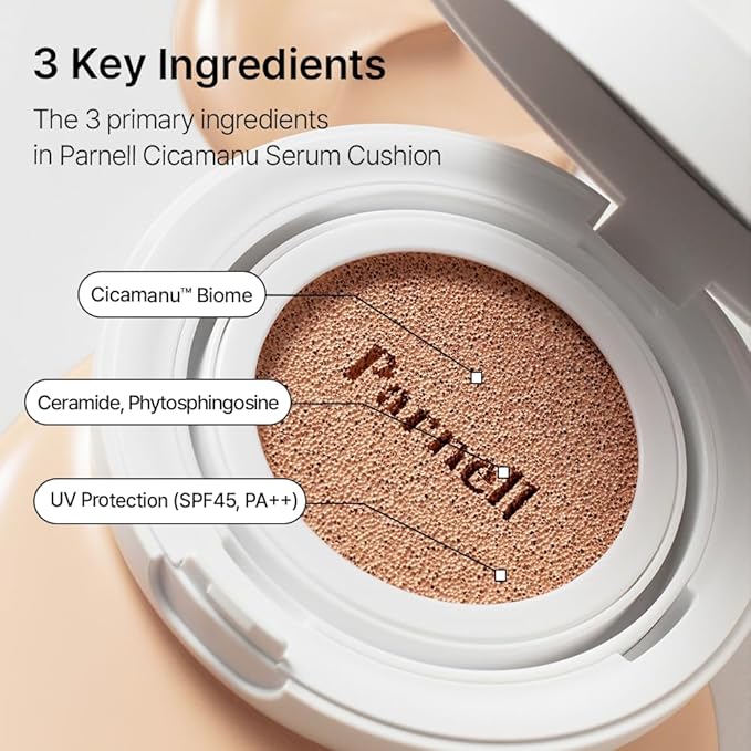 Parnell Cicamanu Serum Cushion - Moisturizing Foundation for Soothing, Coverage, Glass Skin and Lightweight for Sensitive and Dry Skin Pearl Skin (0.52 Fl Oz) (#24 Sand Beige)-Velvo Beauty