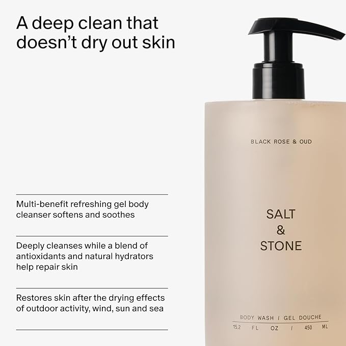 Salt & Stone Body Wash with Antioxidants for Deep Moisture | For Women & Men, Sulfate, Paraben, & Dye Free, Leaving Skin Soft and Hydrated | Black Rose & Oud 32 fl oz-Velvo Beauty