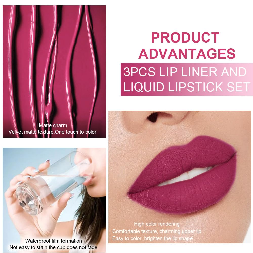 evpct 3Pcs Rose red plum Warm pink Deep cranberry Lip Stain Matte Lip Liner and Lipstick Set Long Lasting labiales matte mate larga duracion listip 24 hour a prueba de agua mate 24 horas originales-Velvo Beauty