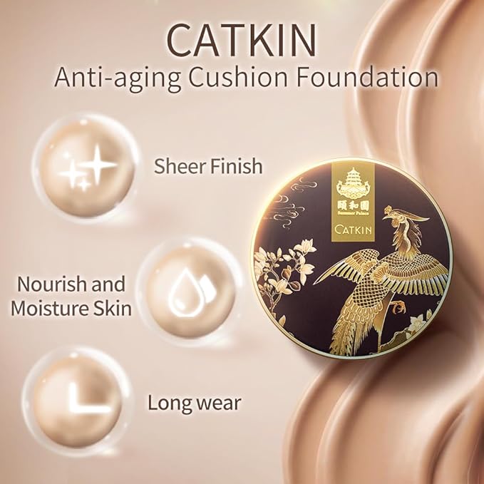 Catkin Phoenix Cushion Foundation Buildable Coverage Anti-Aging Serum Makeup, Sheer Satin Finish, Refill Included, Light Beige 0.46 Oz x 2, C02 IVORY-Velvo Beauty