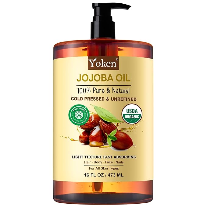 Yoken Pure Jojoba Oil Organic USDA Certified 16 fl oz, 100% Natural Jojoba Oil for Hair, Skin & Face, Cold Pressed Unrefined, Deeply Moisturizing Body Carrier Oils for Essential Oils Mixing-Velvo Beauty