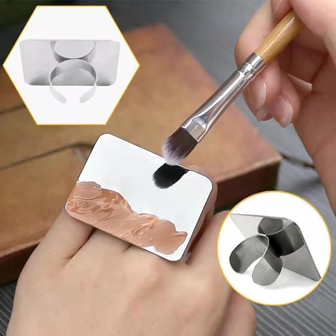 Makeup Spatula Set Stainless Steel, Make Up Tools Mini Mixing Tray with Finger Ring, Makeup Paint Palette, Pack of 2-Velvo Beauty