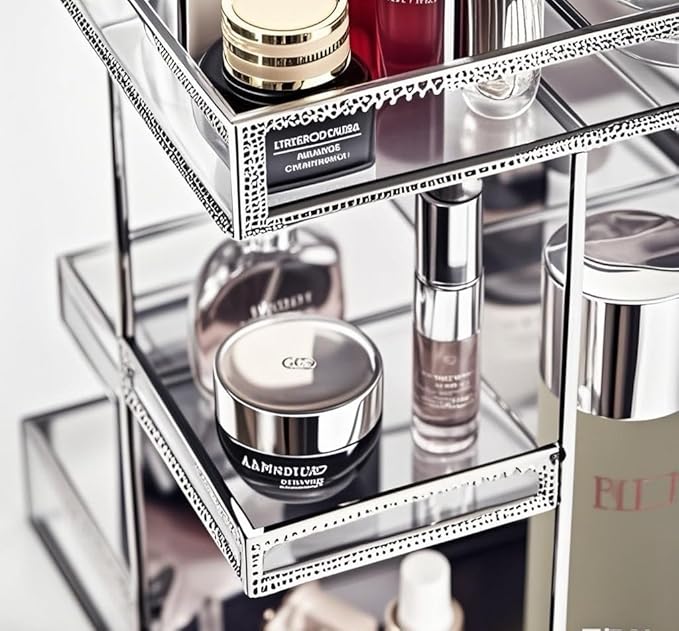 Hersoo 360 Degree Rotation Cosmetic Organizer -Premium Makeup Storage with Spin Base,Antique Countertop Cosmetic Storage,Large Capacity,Beauty Display for Countertop,Vanity or Bathroom (silver)-Velvo Beauty