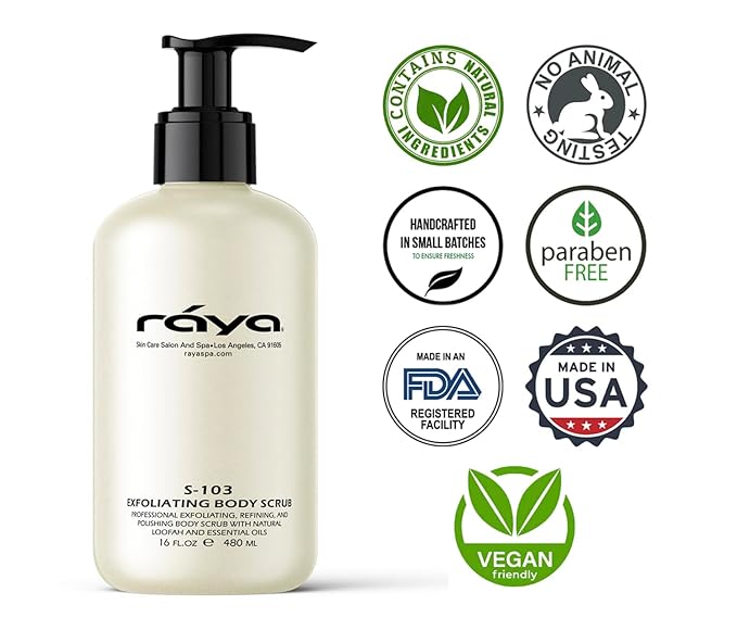 RAYA Exfoliating Body Scrub 16 oz (S-103) | Exfoliating, Refining, and Polishing Body Scrub | Made with Natural Loofah and Essential Oils | Relieves Ingrown Hairs-Velvo Beauty
