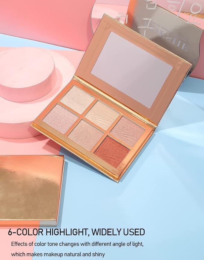 6 Colors Highlighter Makeup Face Palette, Shiny Glow Highlighter Shimmer Metallic Palette Professional Face Contouring Blemish Pallet, Natural Shiny Makeup Face Glitter Blush Cheeks Pallet Contour Illuminator Makeup Highlight Powder for Women-Velvo Beauty