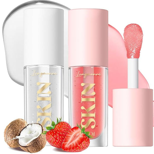 2Pack Non-sticky Lip Oil, Moisturizing Glossy/Shiny Lip Gloss Oil PlumpingTint, Hydrating Lip Gloss Lip Balm, Long Lasting Nourishing Fruit Flavoure Lip Oils(Strawberry + Coconut)-Velvo Beauty