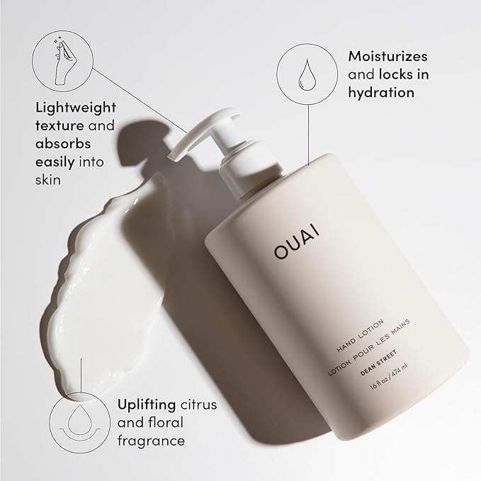 OUAI Hand Lotion - Daily, Lightweight, Hydrating Lotion for Dry Skin - Made with Avocado, Rosehip and Jojoba Oil to Lock in Moisture - Never Greasy (16 Fl Oz)-Velvo Beauty