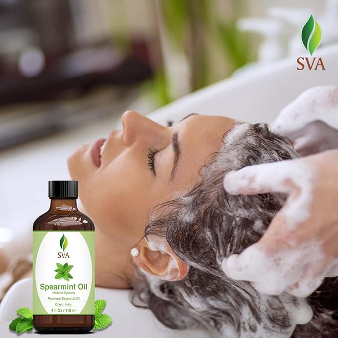 SVA Spearmint Essential Oil – 4 Fl Oz – 100% Natural Spearmint Oil - for Diffuser, Hair Care, Face, Skin Care, Aromatherapy, Scalp and Body Massage, Soap and Candle Making – with Dropper-Velvo Beauty